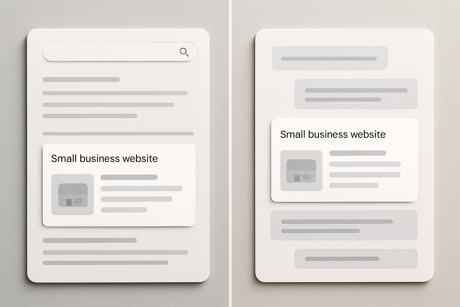 A split-screen illustration showing a traditional Google search result on the left and a ChatGPT response on the right, with a small business website being highlighted in both results, symbolizing multi-channel AI and SEO visibility