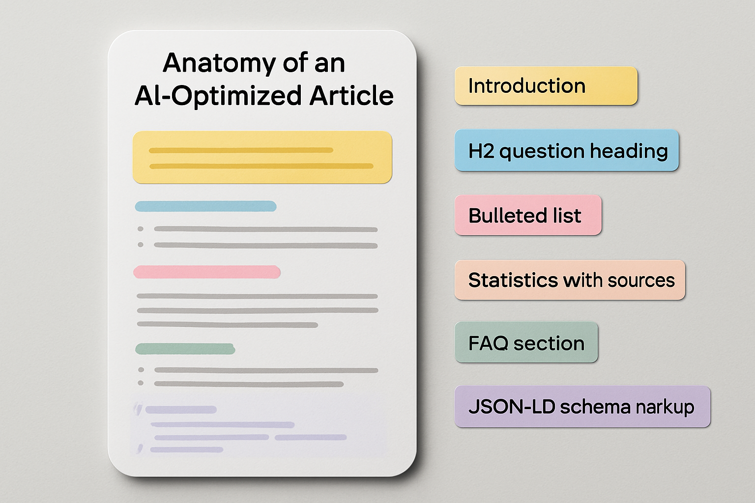 An infographic showing the anatomy of an AI-optimized article, with labeled sections including a direct-answer introduction, H2 question headings, bulleted lists, statistics with sources, FAQ section, and JSON-LD schema markup, all highlighted in different colors