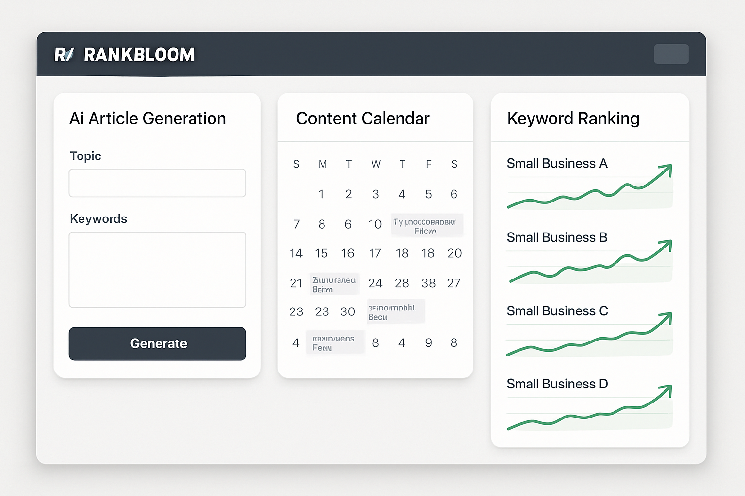 A dashboard screenshot mockup of the RankBloom SEO platform showing an AI article generation interface, a content calendar with scheduled WordPress posts, and a keyword ranking tracker displaying upward trending graphs for multiple small business clients