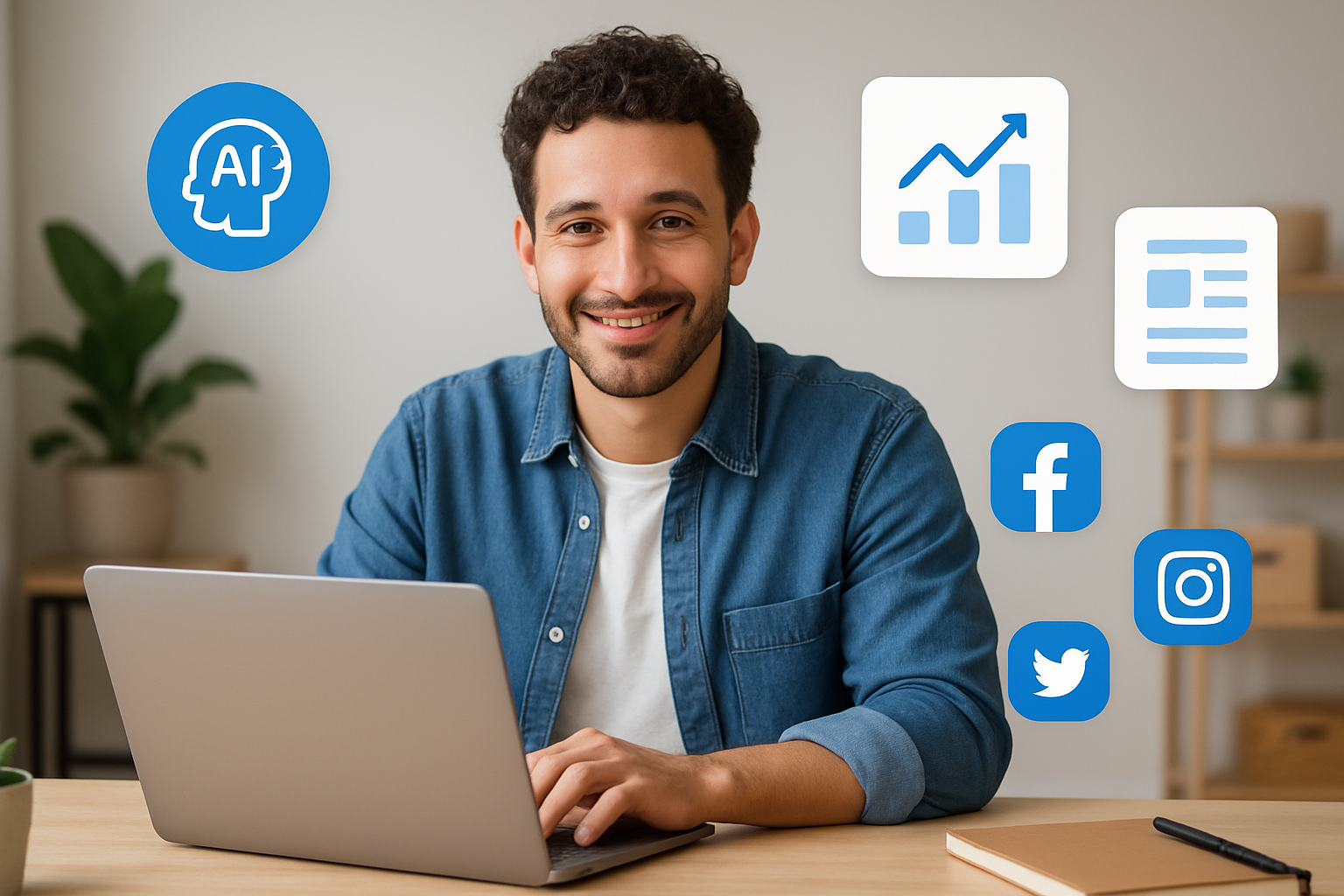 A friendly illustration of a small business owner sitting at a desk with a laptop, surrounded by floating icons representing AI, SEO charts, blog posts, and social media platforms, conveying automation and growth