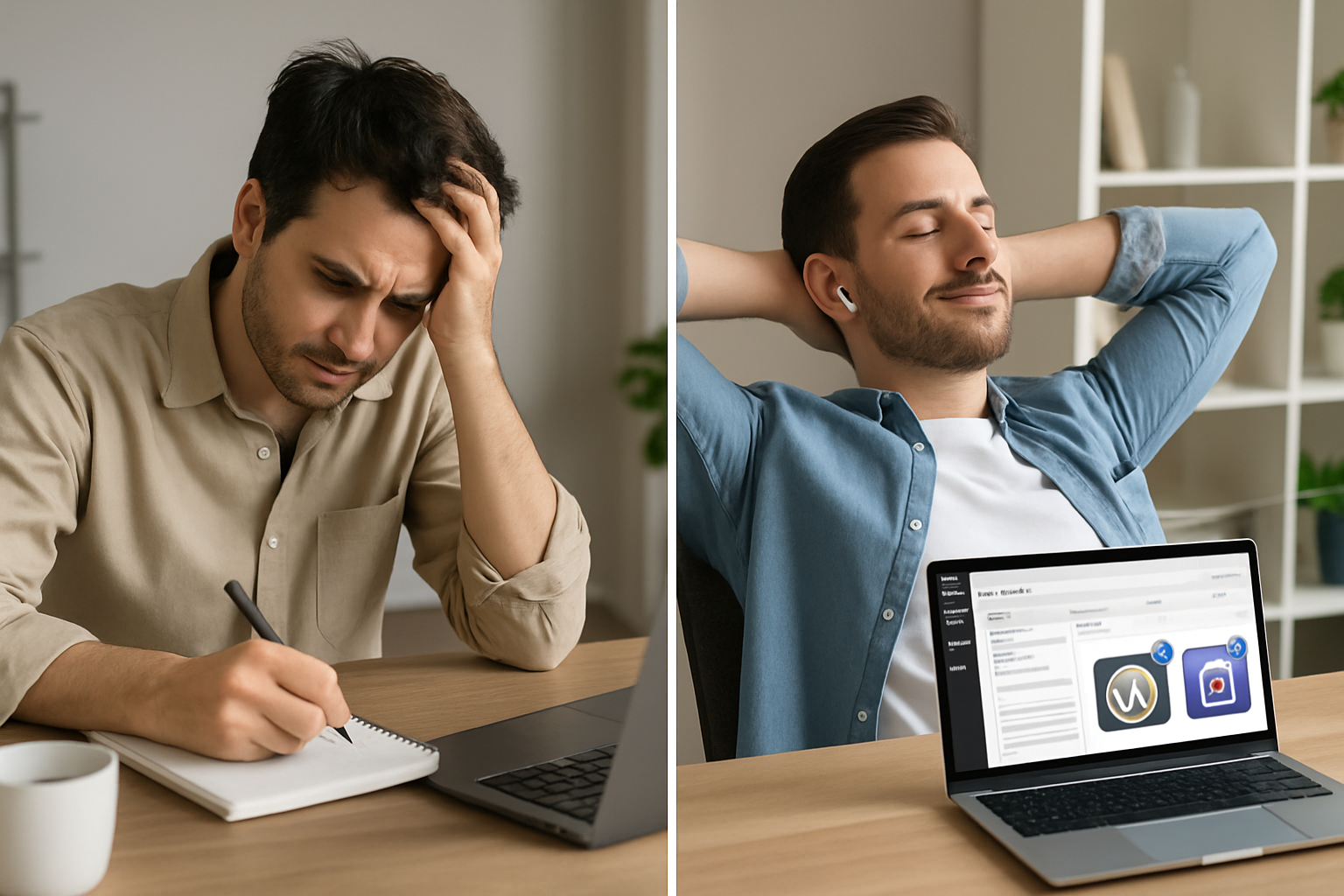 A side-by-side comparison graphic showing a stressed small business owner manually writing content on the left versus a relaxed entrepreneur watching automated content being published to a WordPress dashboard and social media feeds on the right