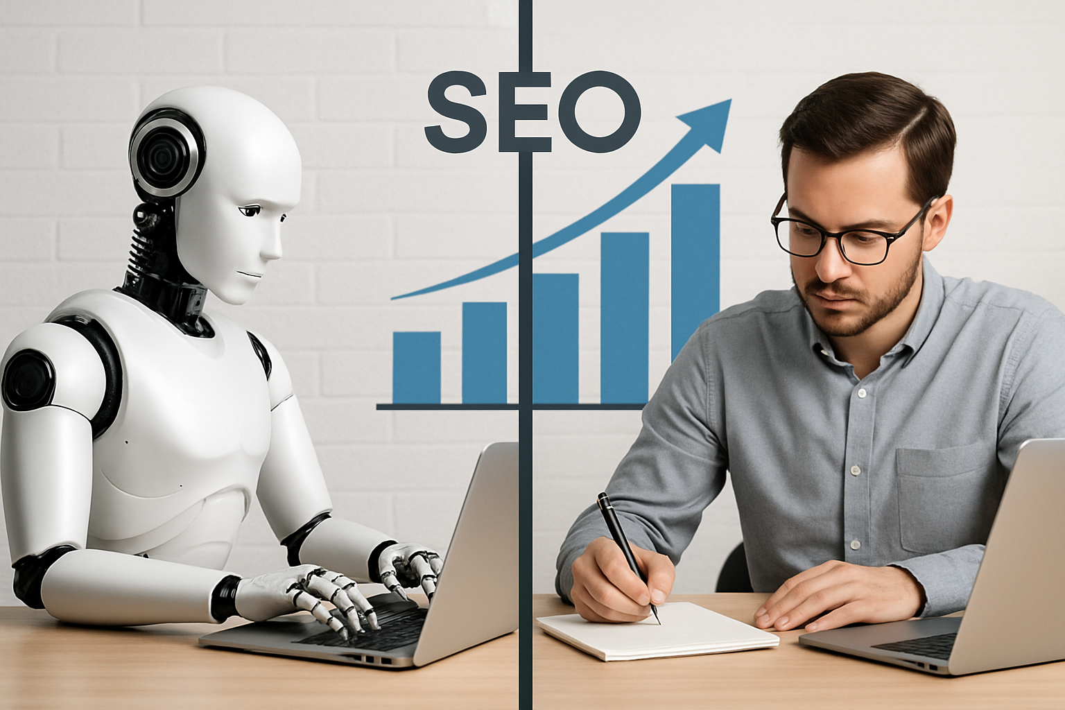 Side-by-side comparison graphic showing a robot and a human writer at desks, with SEO growth charts in the background, representing the AI content tools vs hiring a content writer debate