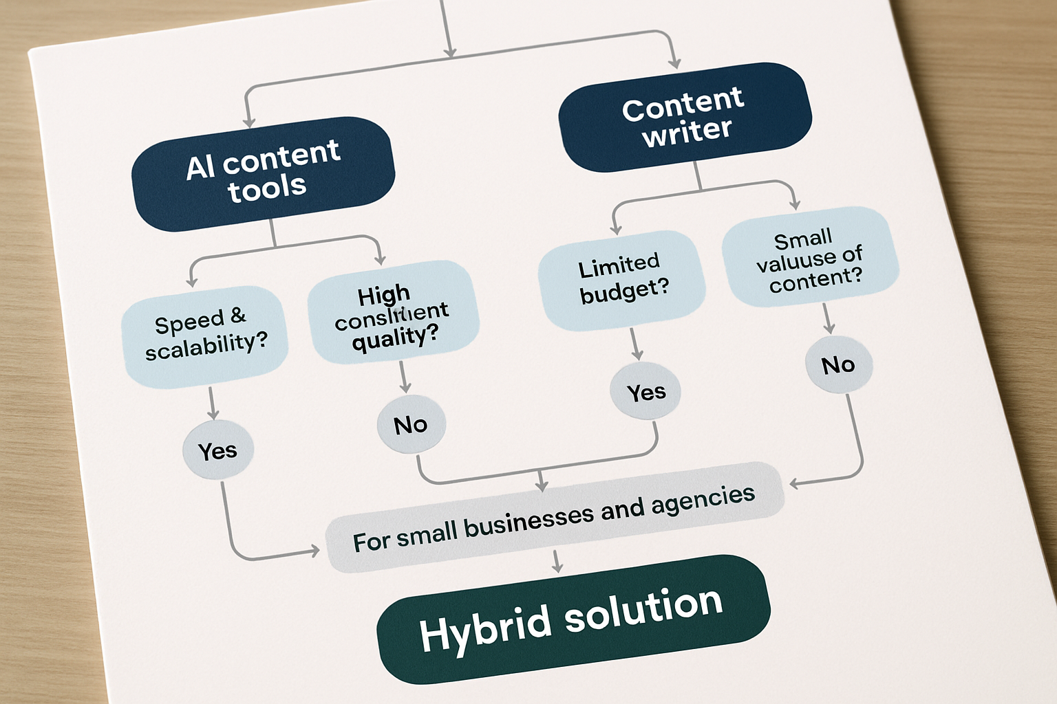 Infographic showing a decision flowchart for choosing between AI content tools and hiring a content writer, with RankBloom SEO highlighted as the recommended hybrid solution for small businesses and agencies