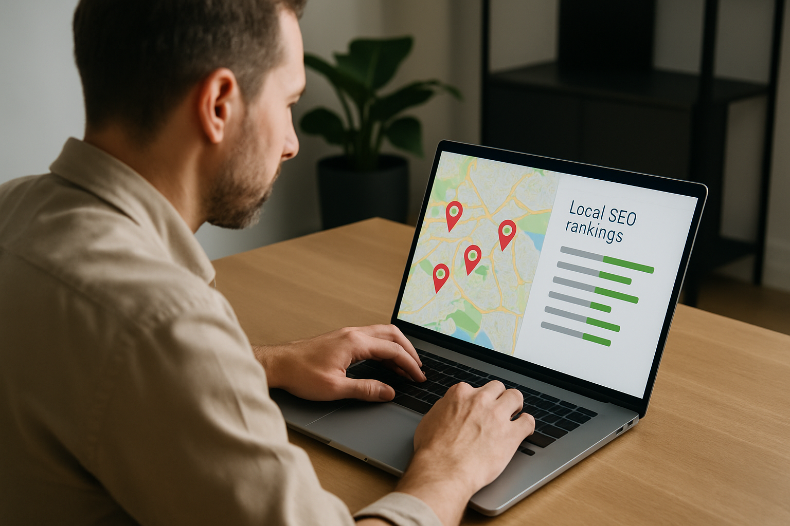 A service-based business owner reviewing local SEO rankings on a laptop, with a city map and location pins visible on the screen, representing geo-targeted digital marketing strategy