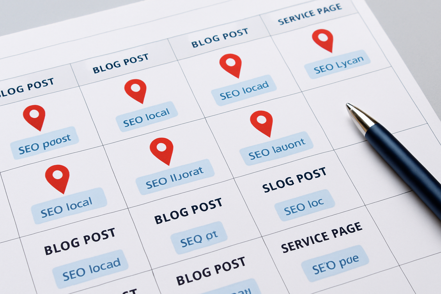 A content calendar showing scheduled geo-targeted blog posts and service area pages for a service business, with location pins and SEO keyword tags visible, representing an organized local content strategy