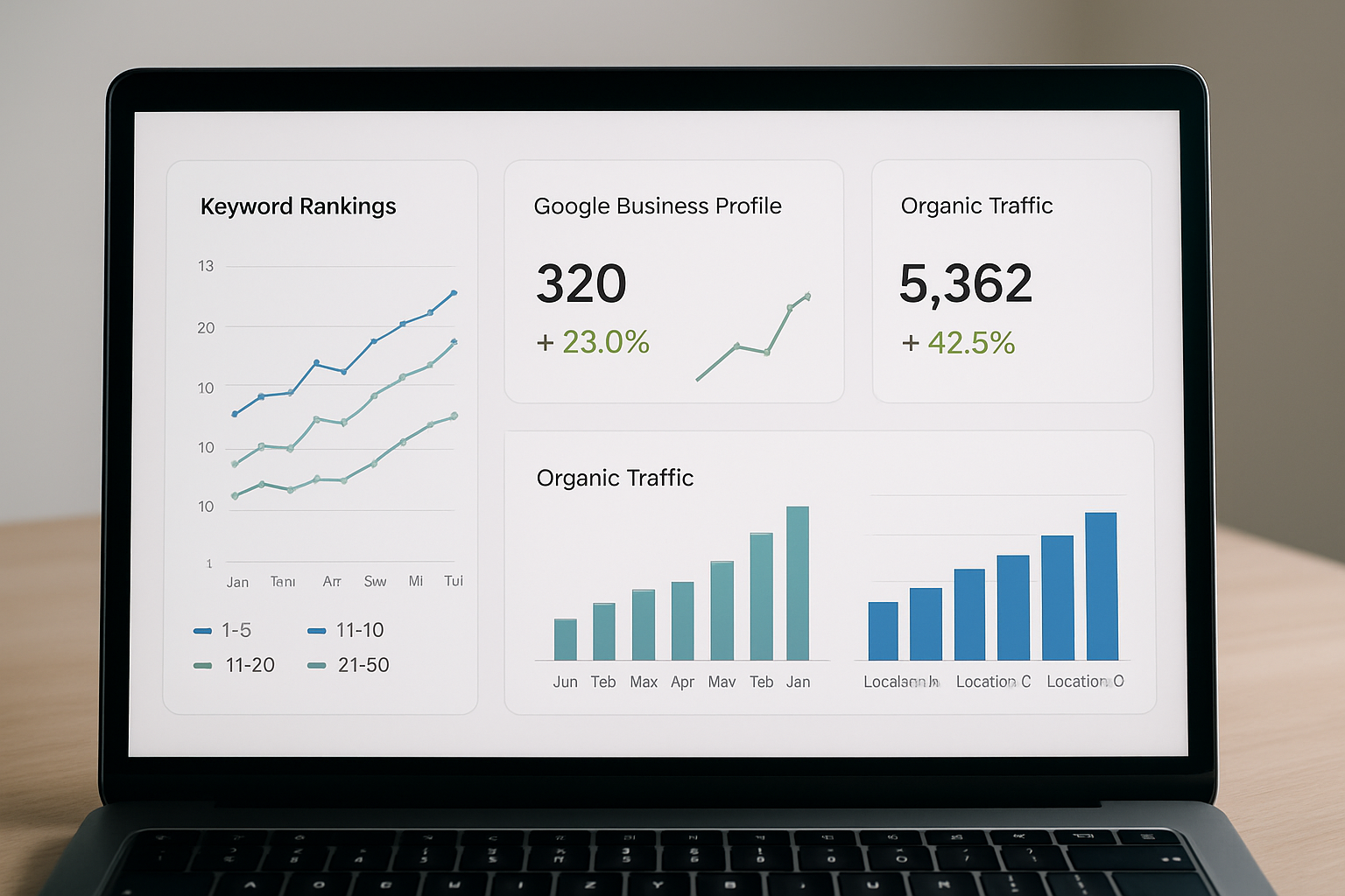 A dashboard showing local SEO performance metrics including keyword rankings, Google Business Profile clicks, and organic traffic from geo-targeted location pages, representing measurable GEO SEO results for a service business