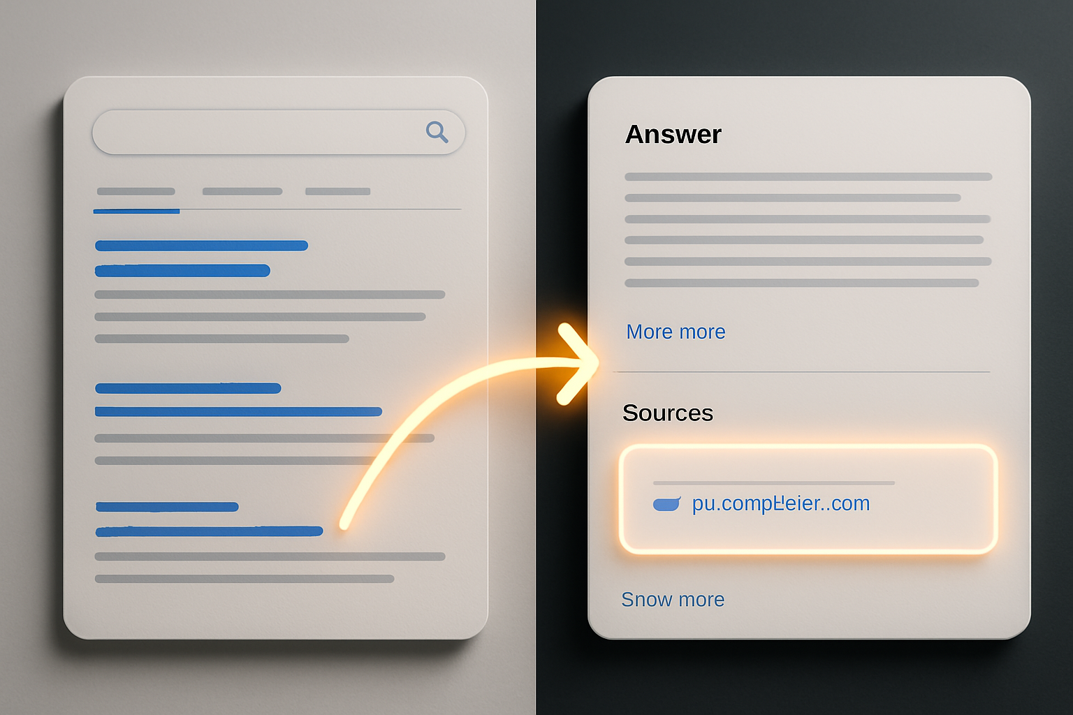 A split-screen hero graphic showing a traditional Google search result on the left and a Perplexity AI answer panel on the right, with a glowing arrow pointing from a website to the AI citation box, symbolizing GEO optimization success