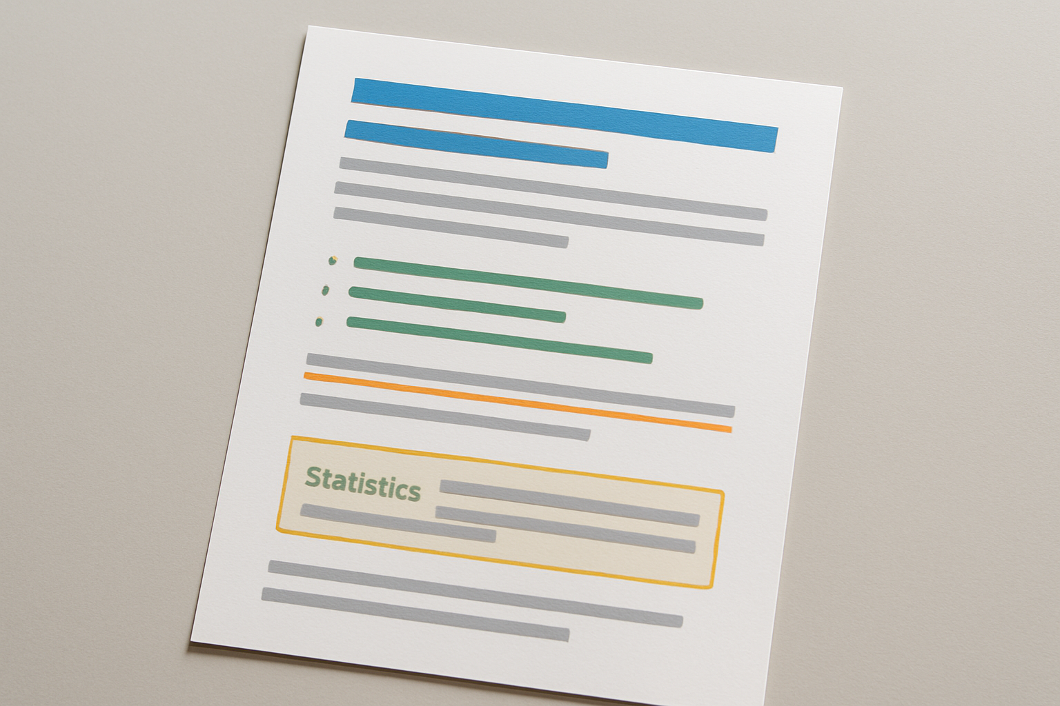 An infographic showing a well-structured blog article with labeled HTML elements — H2 question headings highlighted in blue, bullet point lists in green, definition sentences underlined in orange, and a statistics callout box in yellow, illustrating ideal GEO content formatting