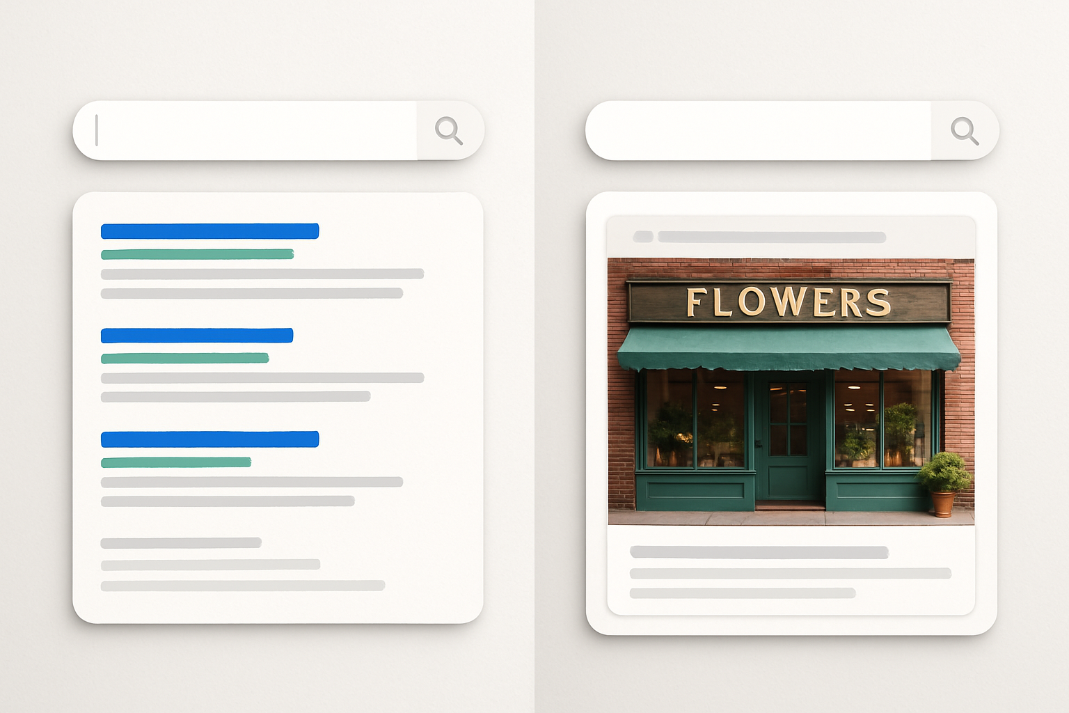 A split-screen graphic showing a traditional Google search results page on the left side versus a modern AI-generated answer panel on the right side, with a small local business storefront featured prominently in the AI answer section, conveying the shift from classic SEO to generative engine optimization for local businesses