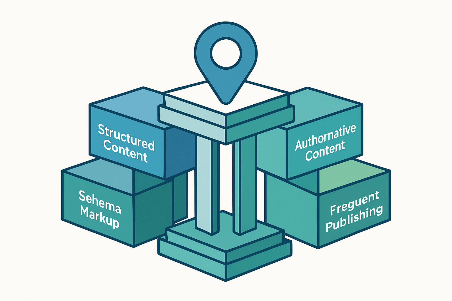 An infographic-style illustration showing the five core pillars of generative engine optimization for local business — structured content, schema markup, NAP consistency, authoritative content, and frequent publishing — displayed as interconnected building blocks with a local business map pin icon at the center, using a clean, modern design with blue and green colors