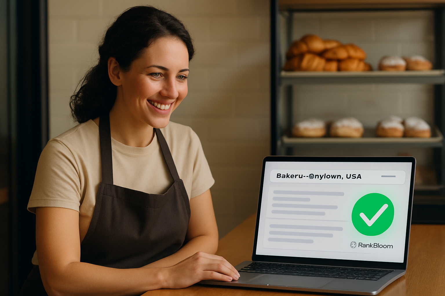 A friendly, professional illustration of a local small business owner — perhaps a woman at a bakery counter — looking at a laptop screen showing AI-generated search results that prominently feature her business name and location, with a glowing green checkmark and the RankBloom SEO logo visible on the screen, representing the success of generative engine optimization for local business
