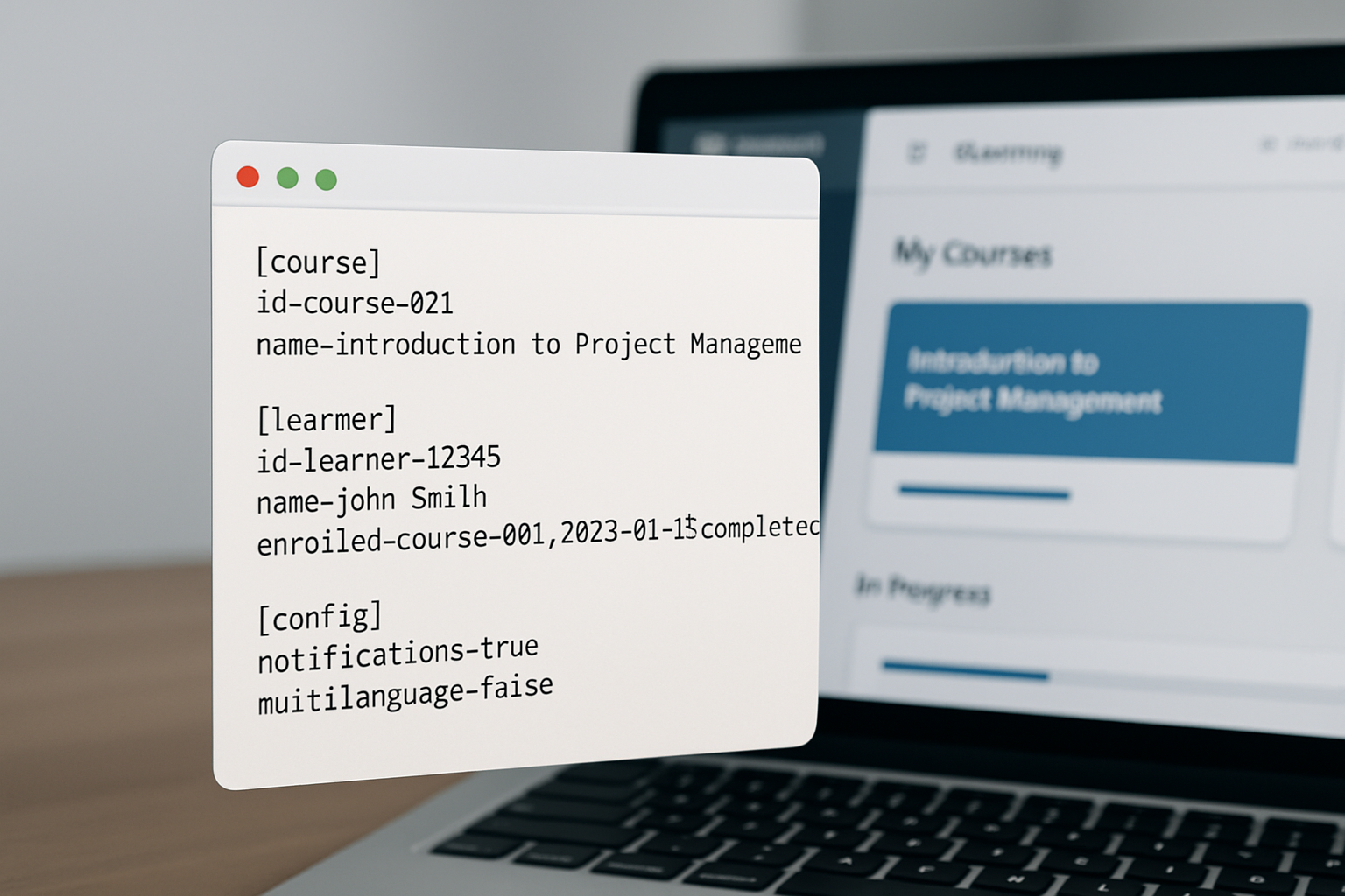 A clean, modern screenshot of a text editor displaying an LMS TXT file with structured course data, learner records, and configuration settings, with an eLearning platform interface visible in the background