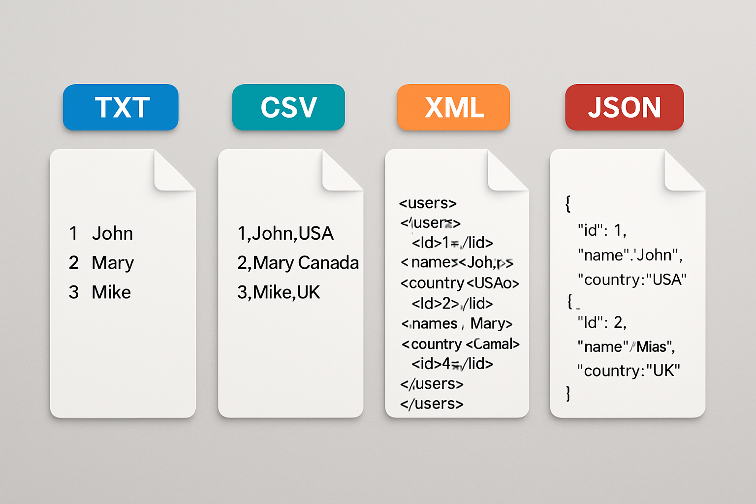 A side-by-side comparison infographic showing an LMS TXT file, a CSV file, an XML file, and a JSON file with color-coded labels highlighting the structural differences between each format