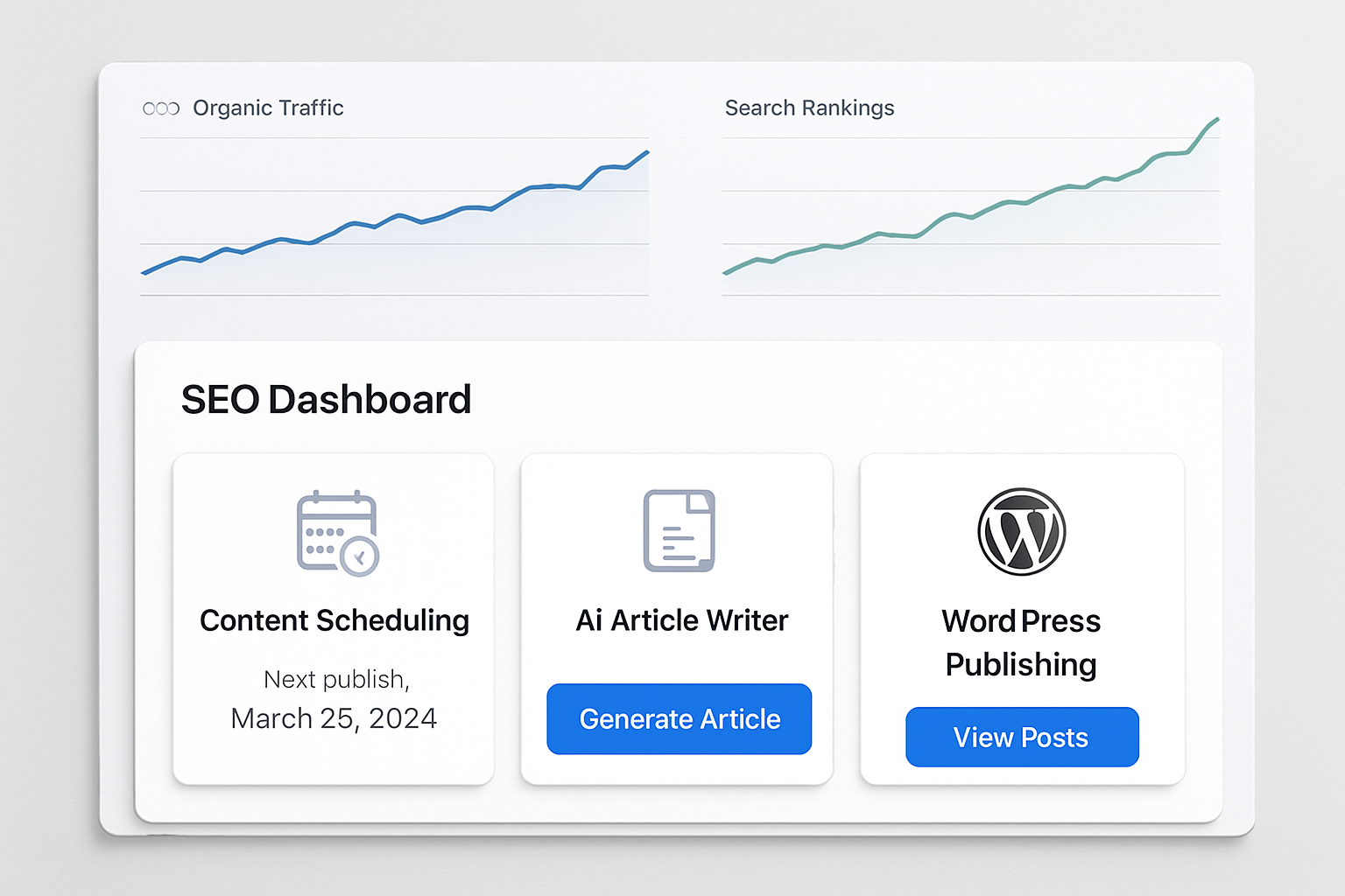 A professional, clean screenshot of the RankBloom SEO dashboard showing automated content scheduling, AI article generation, and WordPress publishing integration with upward-trending SEO analytics graphs in the background