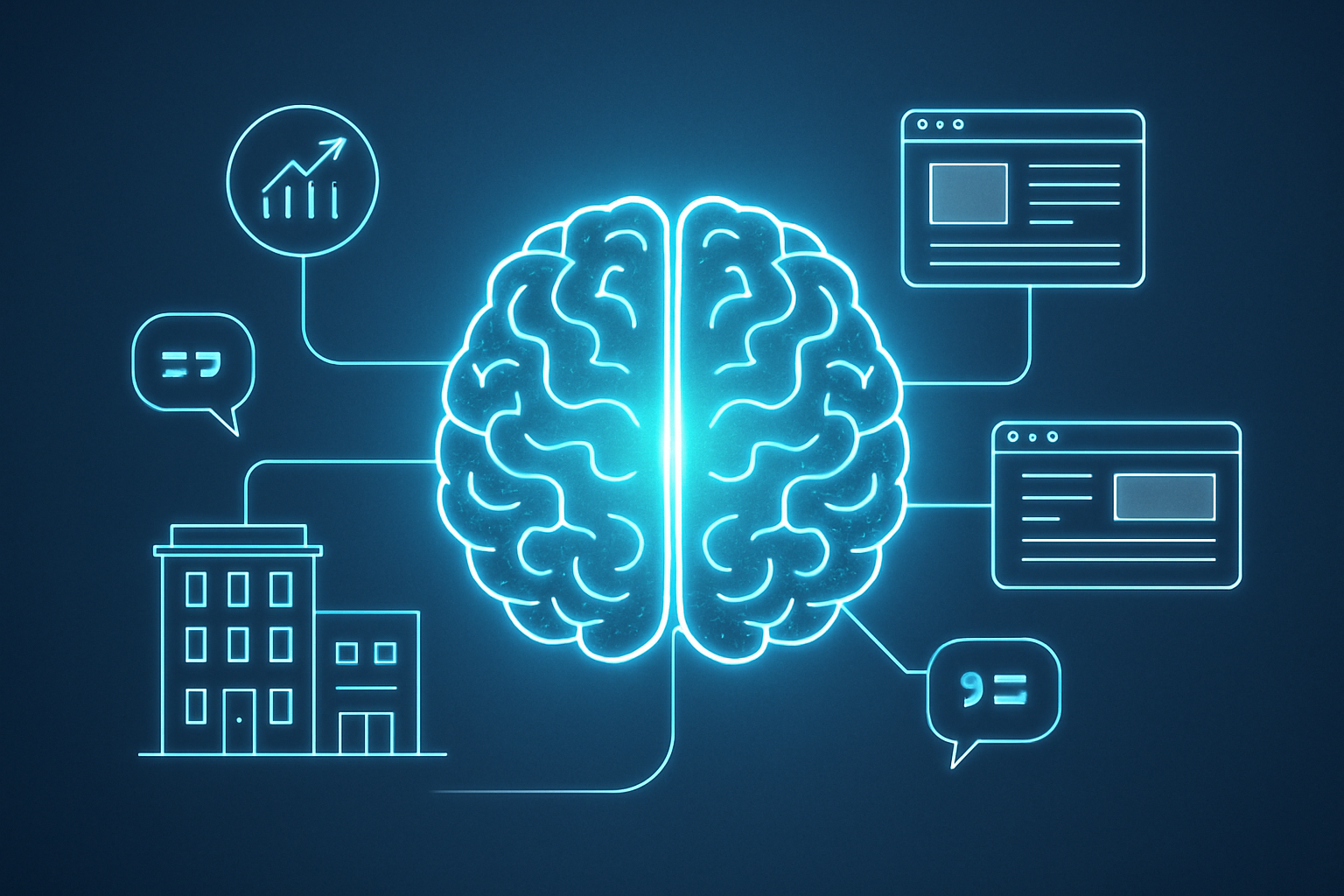 Hero image showing a glowing AI brain connected to business icons, websites, and citation bubbles representing AI-generated answers referencing a small business