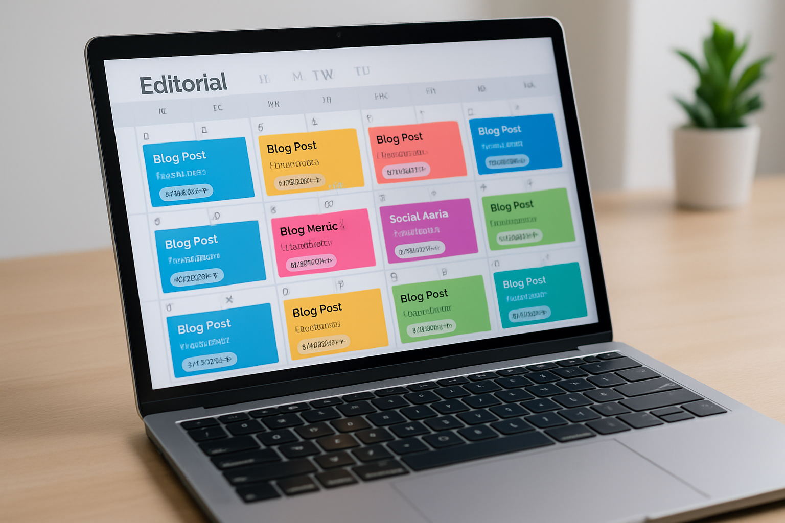 A vibrant editorial calendar on a laptop screen showing scheduled blog posts with color-coded categories, SEO keyword labels, and automated publishing timestamps — representing a modern SEO content scheduling workflow