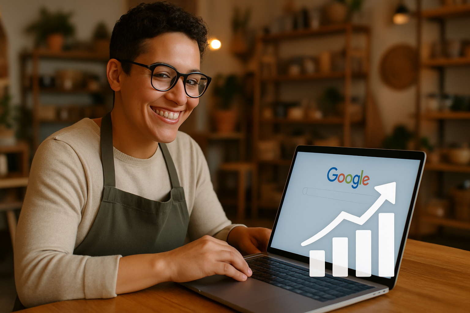 A cheerful small business owner sitting at a laptop in a cozy shop, looking confident while viewing their Google search ranking on the screen, with a rising chart graphic overlaid