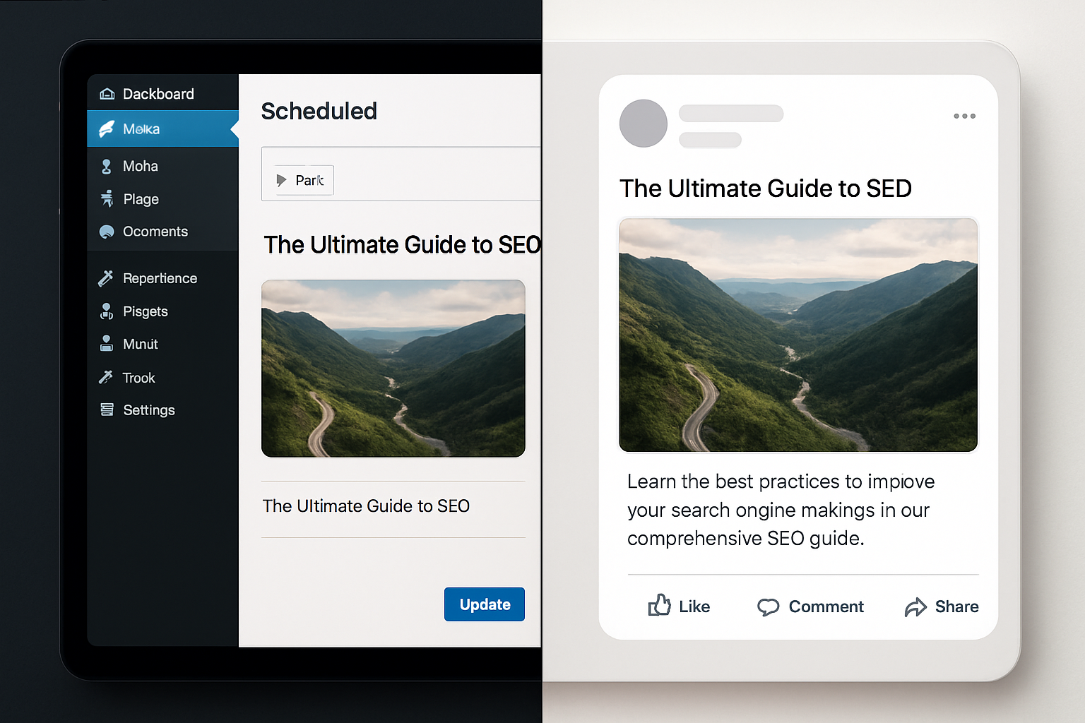 A split-screen graphic showing a WordPress dashboard on one side with a scheduled post going live automatically, and a social media feed on the other side showing the same post being published simultaneously — illustrating RankBloom SEO's zero-intervention auto-publishing feature