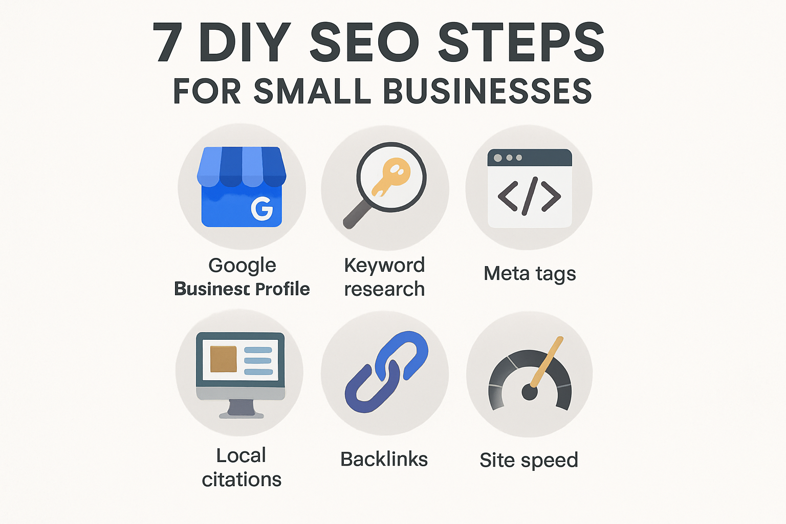 A clean infographic showing the seven DIY SEO steps for small businesses, including icons for Google Business Profile, keyword research, blog content, meta tags, local citations, backlinks, and site speed