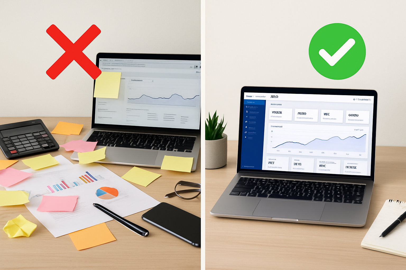A side-by-side comparison graphic showing a disorganized DIY SEO approach on the left with red X marks versus an automated, consistent SEO strategy using RankBloom SEO on the right with green checkmarks