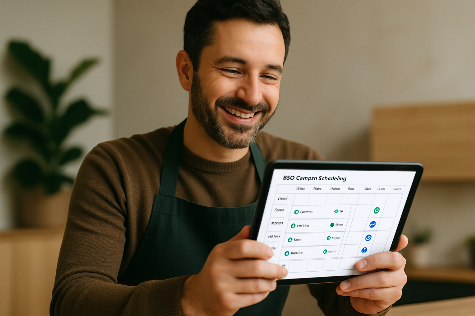 A small business owner smiling while reviewing an automated SEO content scheduling dashboard on a tablet, with green checkmarks showing posts auto-published to WordPress and social media — representing the ease and affordability of RankBloom SEO for small businesses