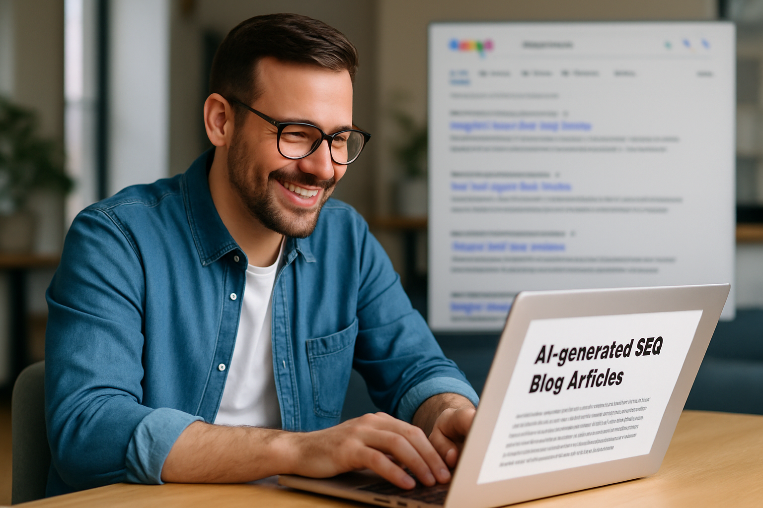 A small business owner sitting at a laptop, smiling while reviewing AI-generated SEO blog articles on screen, with a Google search results page visible in the background showing top rankings