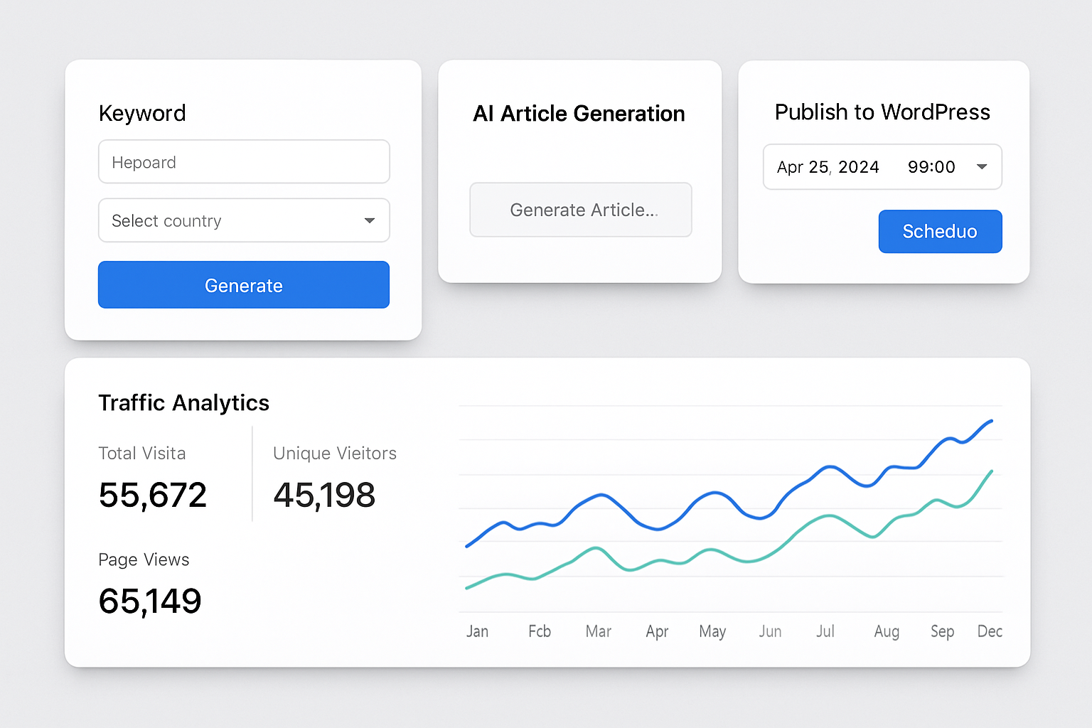 A clean screenshot-style graphic showing the RankBloom SEO dashboard with features like keyword input, AI article generation, WordPress publishing scheduler, and traffic analytics visible on screen