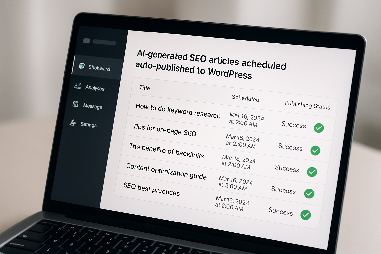 A modern SaaS dashboard showing AI-generated SEO articles being scheduled and auto-published to a WordPress website, with green checkmarks indicating successful publishing status