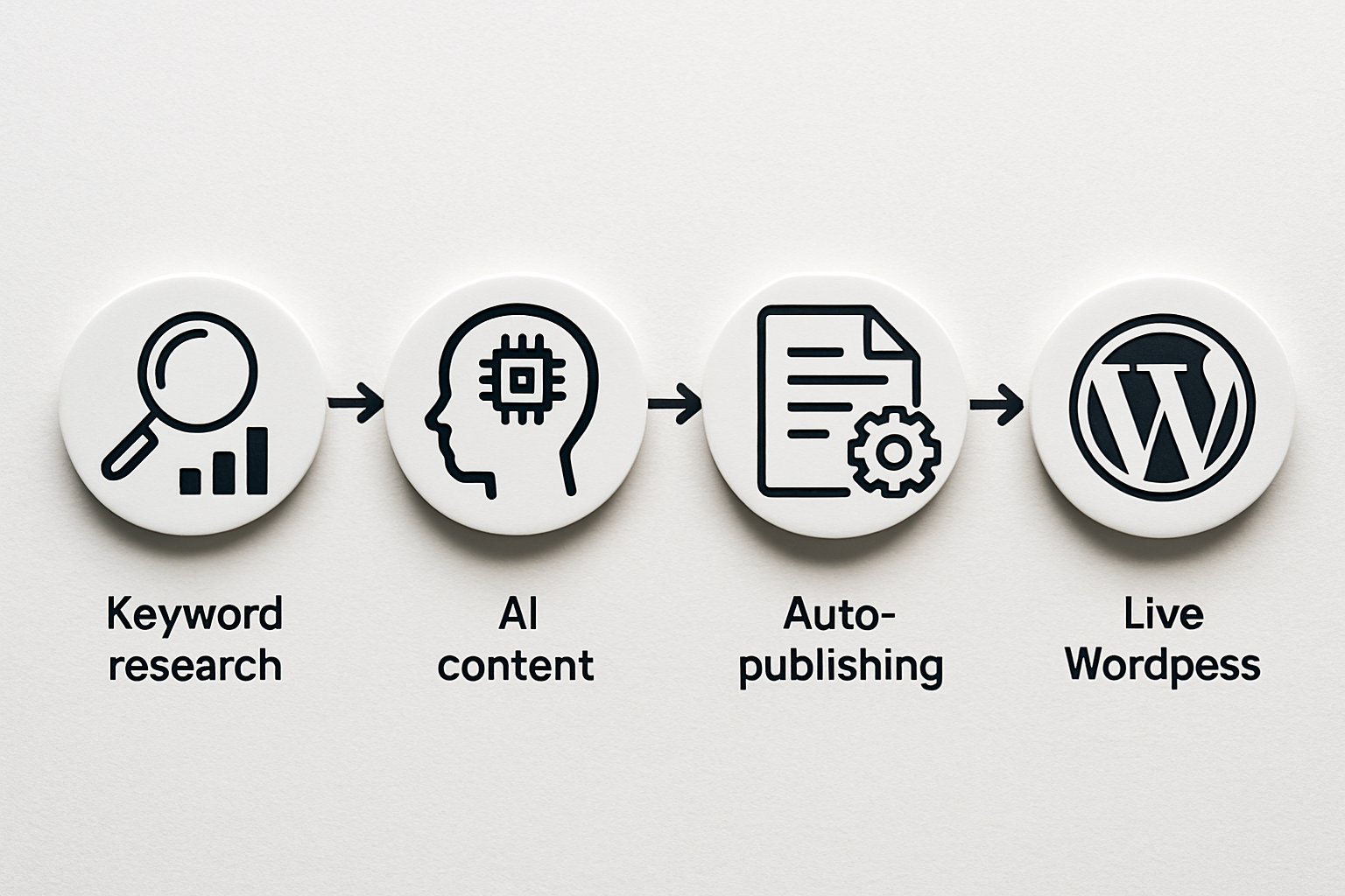 A step-by-step infographic showing the AI content creation and auto-publishing workflow from keyword research to live WordPress article, with arrows connecting each stage in a clean, modern design