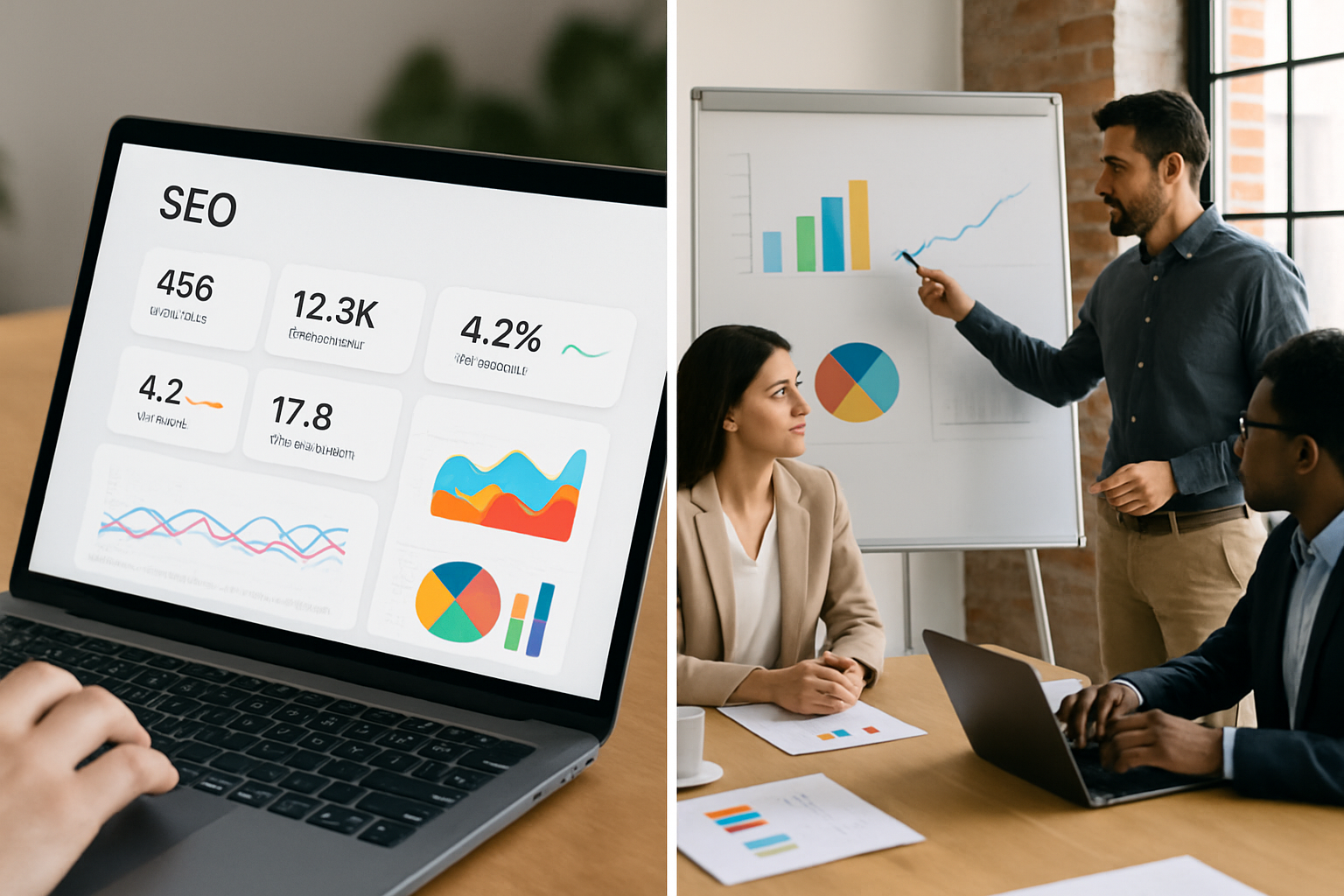 A split-screen illustration comparing a modern SaaS SEO dashboard with colorful analytics charts on the left side, and a traditional agency meeting room with professionals at a whiteboard on the right side, representing the two paths for small business SEO in 2025