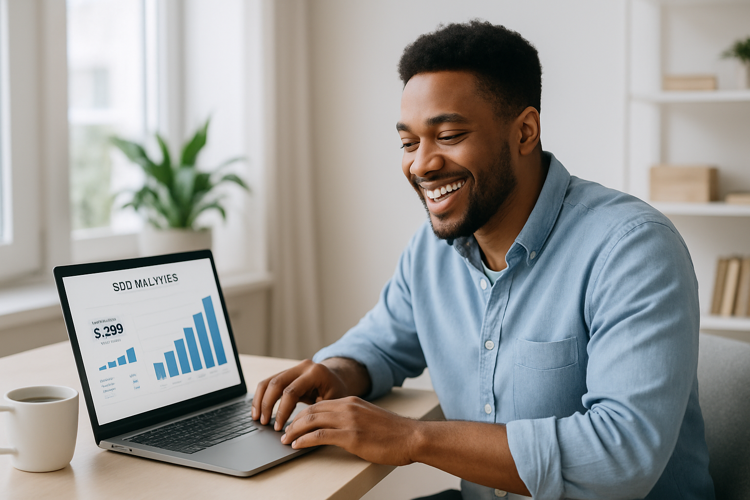 A cheerful small business owner sitting at a laptop in a bright modern home office, smiling while reviewing an SEO analytics dashboard showing rising organic traffic charts, with a coffee cup on the desk and a plant in the background, representing the empowerment of using affordable SaaS SEO tools independently