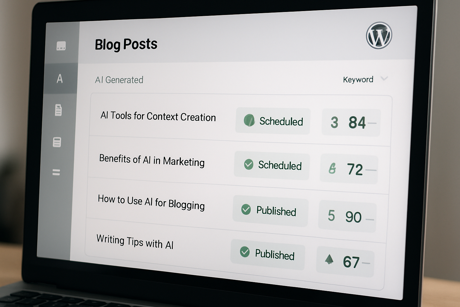 A modern dashboard interface showing AI-generated blog posts being scheduled and published to a WordPress website, with green ranking indicators and keyword performance metrics displayed on screen