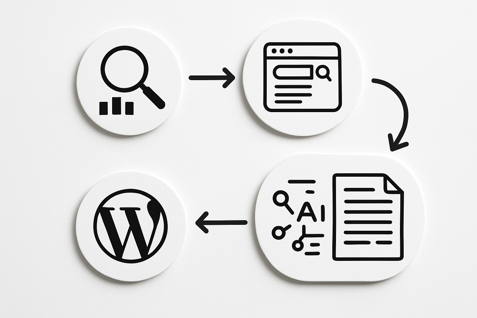 A step-by-step visual flowchart showing the AI SEO content creation process from keyword research, SERP analysis, content generation, optimization, and direct WordPress publishing, with each step connected by arrows and icons